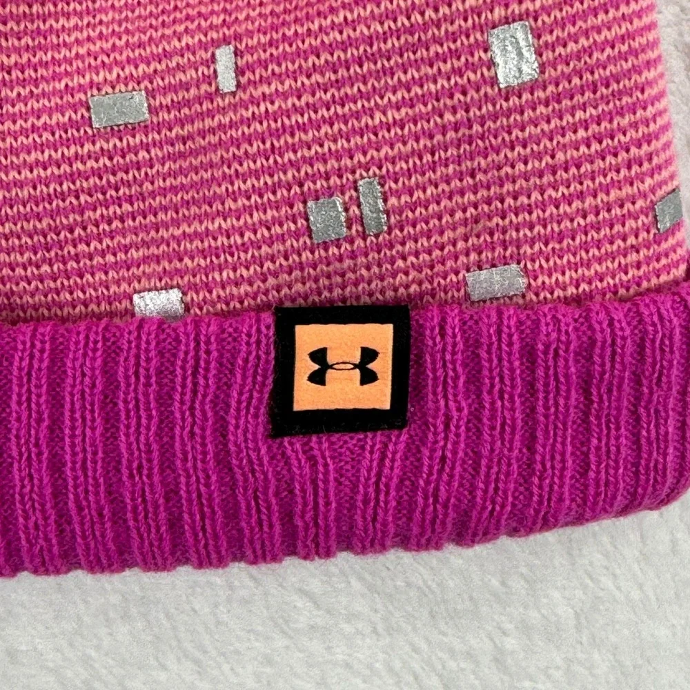 Under Armour ColdGear Girls Youth Fleece Lined Beanie‎ Hat Pink Gray